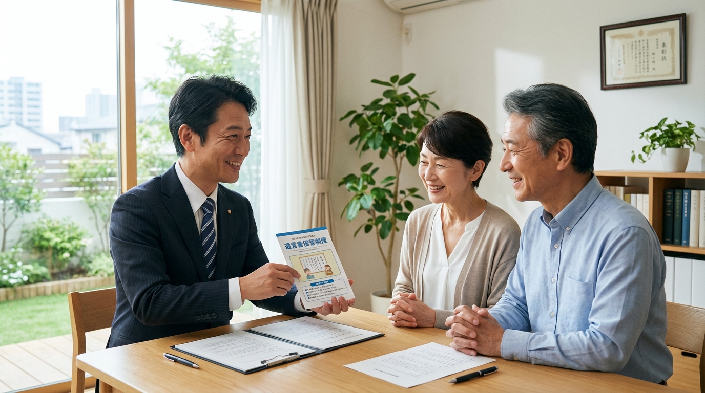 ogai_image_1 | 司法書士・行政書士 八戸いちい事務所 司法書士に遺言書保管制度について相談し、安心した表情を浮かべるシニア夫婦。