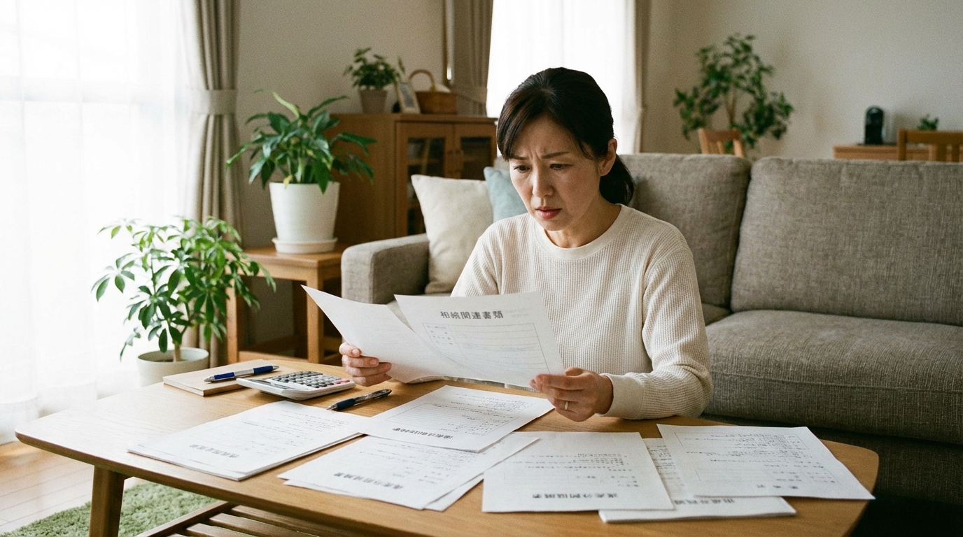 相続の書類を前に悩む女性。遺産分割の不公平感に戸惑っている様子。