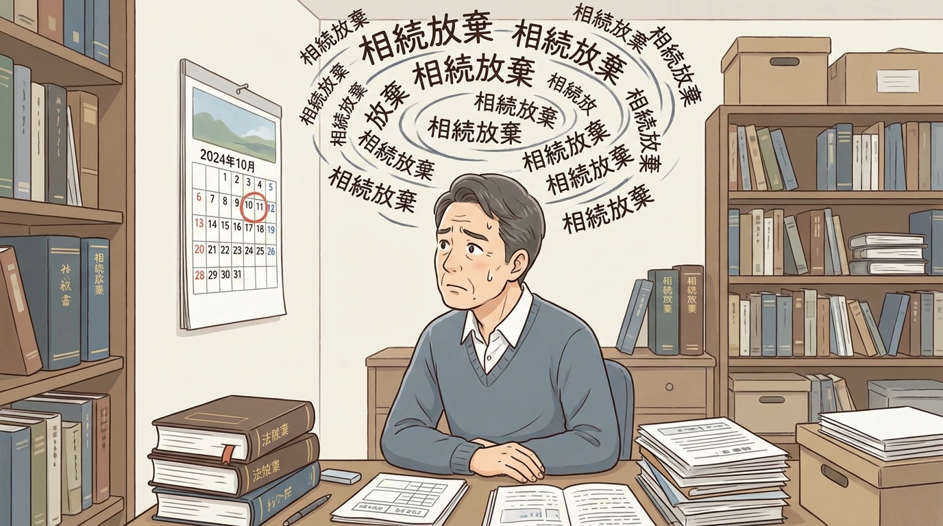 相続放棄の3ヶ月という期限に悩む男性のイラスト