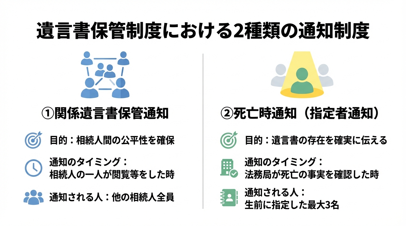 ogai_image_2 | 司法書士・行政書士 八戸いちい事務所 遺言書保管制度の通知制度を比較する図解。「関係遺言書保管通知」と「死亡時通知」の目的、タイミング、通知先の違いを解説。