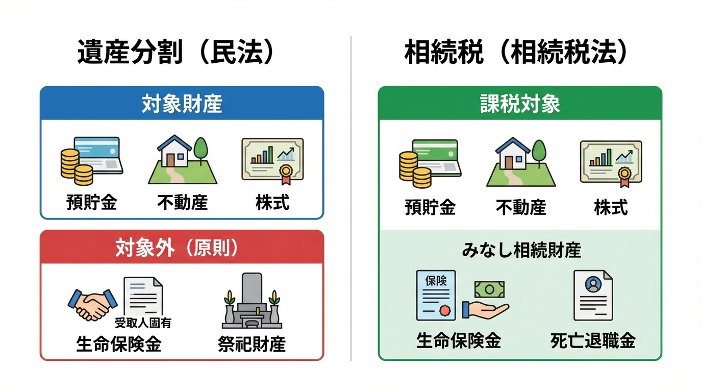 遺産分割の対象財産と相続税の課税対象財産の違いを図解。生命保険金が遺産分割では対象外だが、相続税では「みなし相続財産」として課税対象になることを示している。