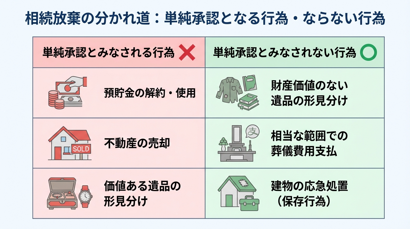 相続放棄で単純承認とみなされる行為と、みなされない行為を比較した図解。