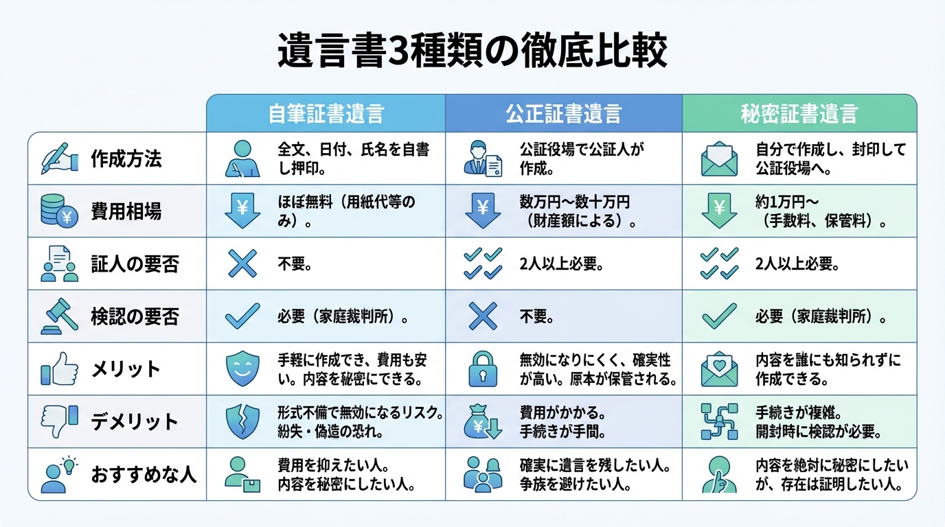 自筆証書遺言・公正証書遺言・秘密証書遺言の3種類を比較した図解表