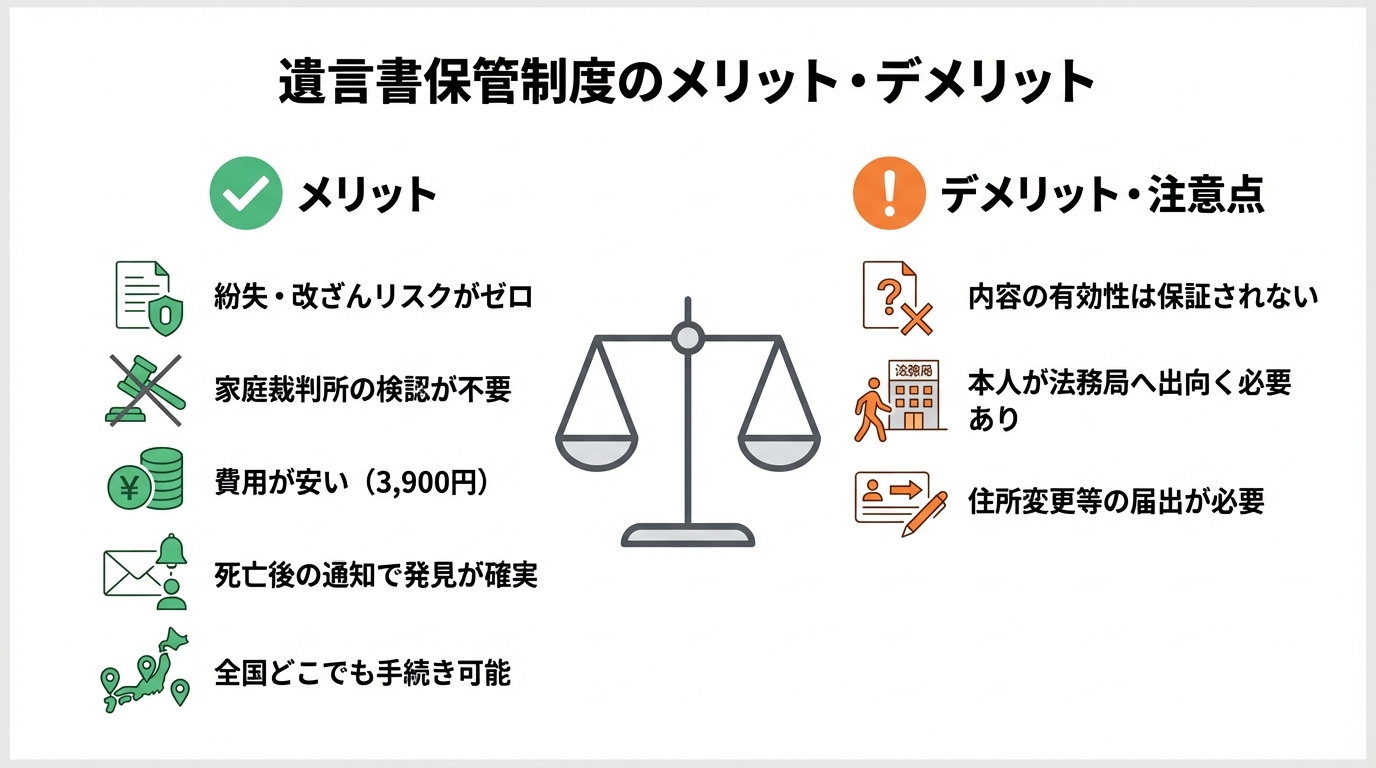 ogai_image_3 | 司法書士・行政書士 八戸いちい事務所 遺言書保管制度のメリット5つとデメリット3つを比較する図解。紛失防止や検認不要といった利点と、内容の有効性保証がないなどの注意点を解説。
