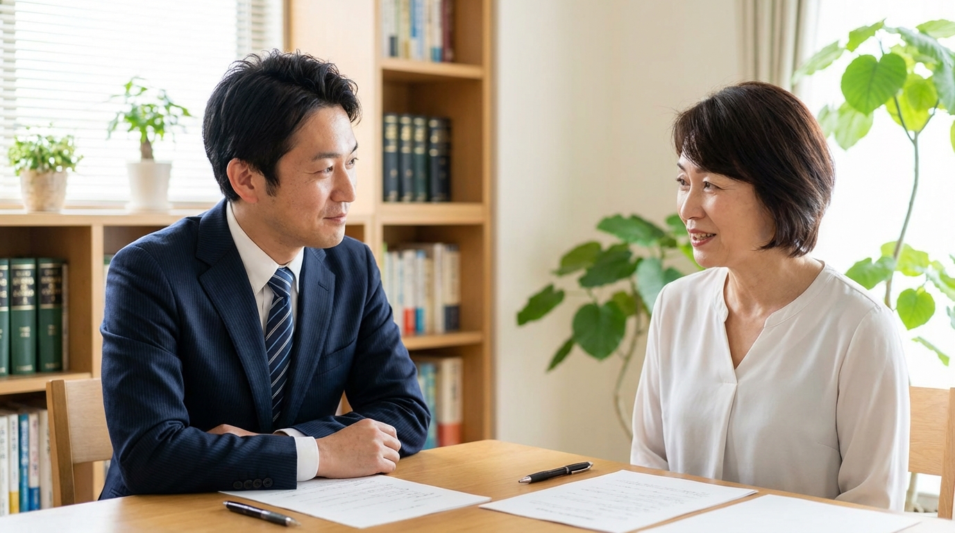 司法書士に相続の悩みを相談し、安心した表情を浮かべる女性。