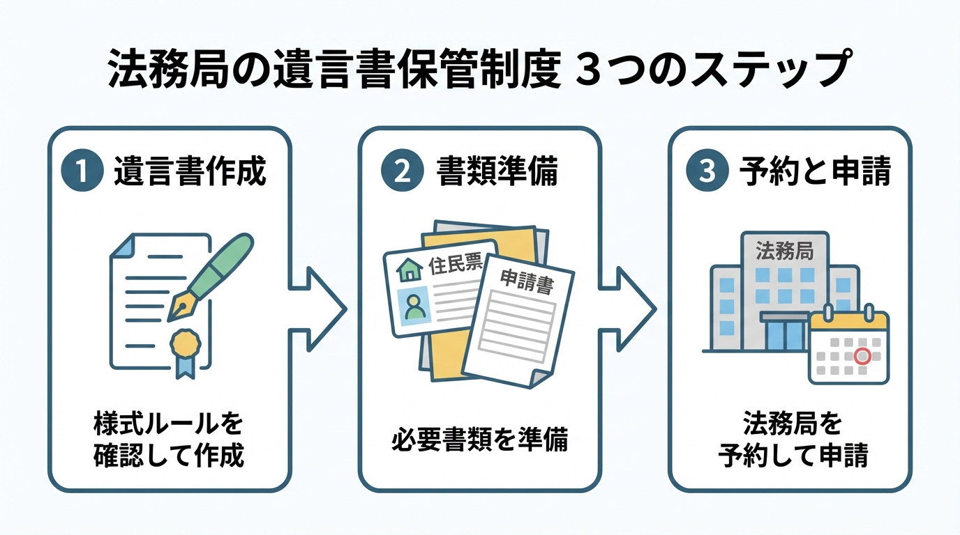 法務局の遺言書保管制度を利用する3つのステップを示した図解
