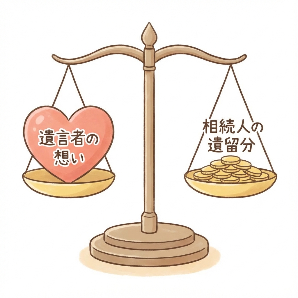 遺言者の想いと相続人の遺留分のバランスの重要性を示す天秤のイラスト