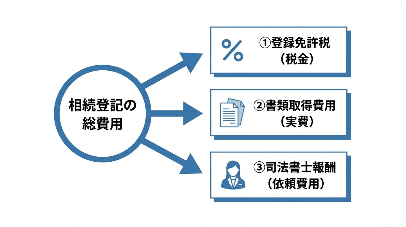 相続登記にかかる費用の内訳を図解したインフォグラフィック。総費用が登録免許税、書類取得費用、司法書士報酬の3つで構成されていることを示している。