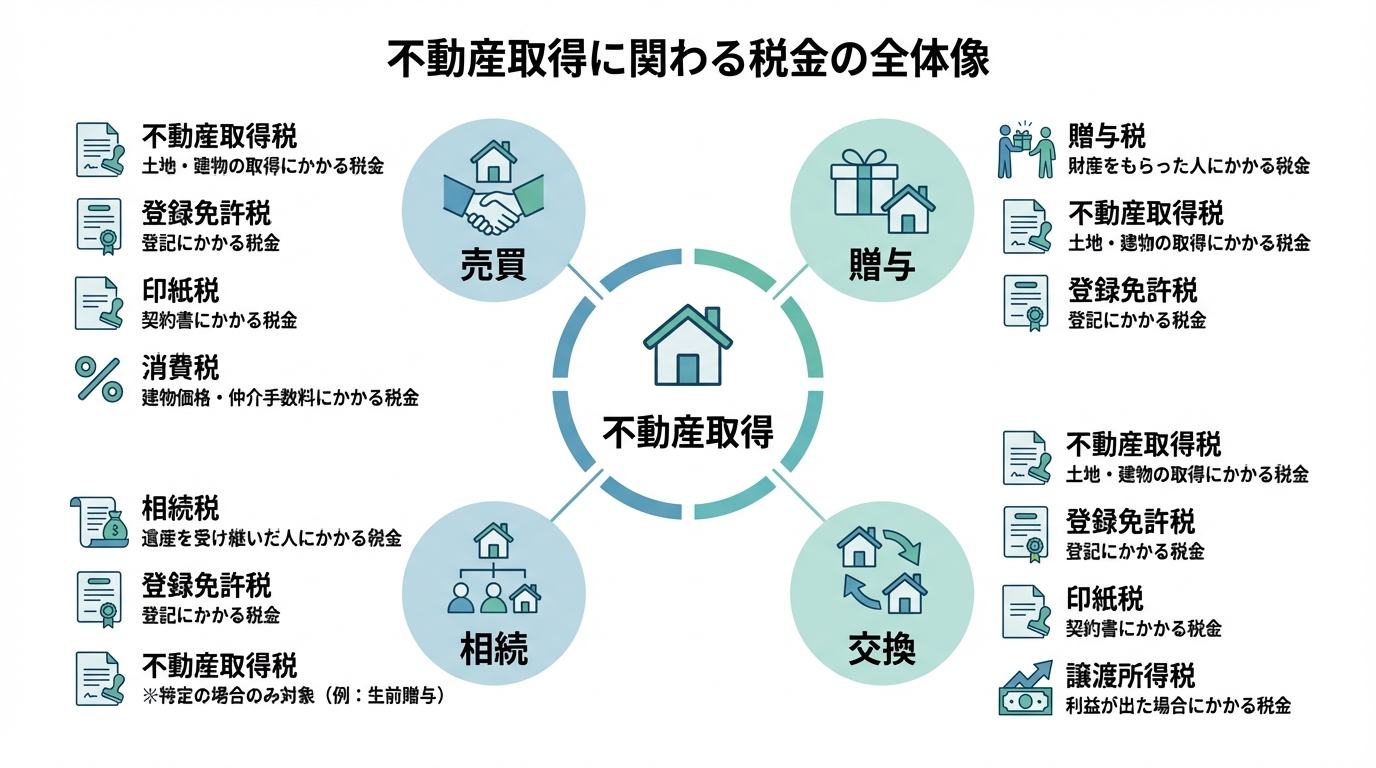 不動産取得時にかかる税金の全体像を図解したインフォグラフィック。売買、贈与、相続、交換の取得原因別に、関連する税金の種類が分かりやすく整理されている。