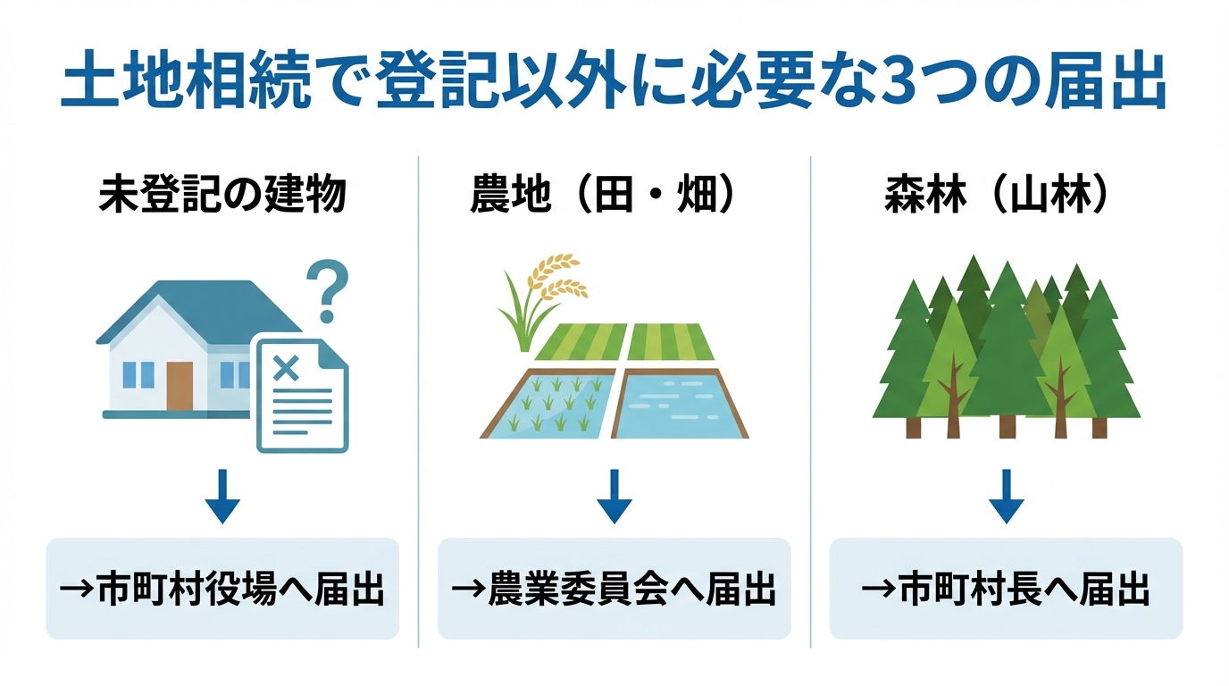 土地相続で登記以外に必要な3つの届出ケースをまとめた図解。未登記建物は市町村役場、農地は農業委員会、森林は市町村長への届出が必要であることを示している。