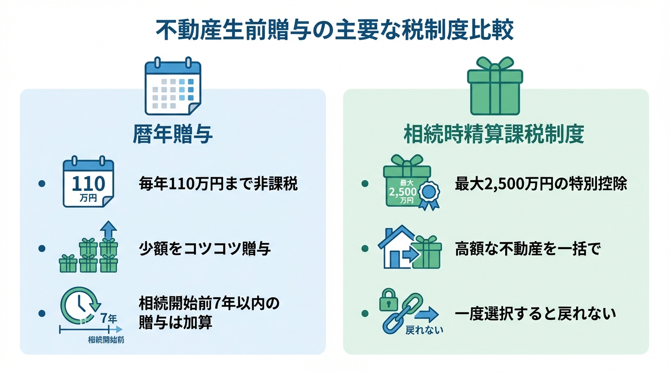 不動産生前贈与における「暦年贈与」と「相続時精算課税制度」のメリット・デメリットを比較した図解。