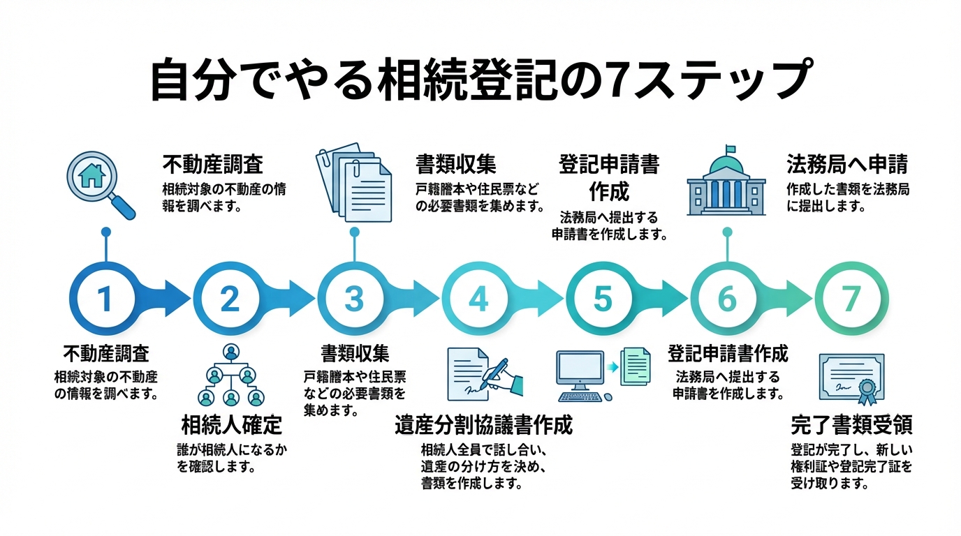 自分で相続登記を行う場合の7つのステップを示したフローチャート。不動産調査から登記完了書類の受領までの流れをアイコン付きで解説している。