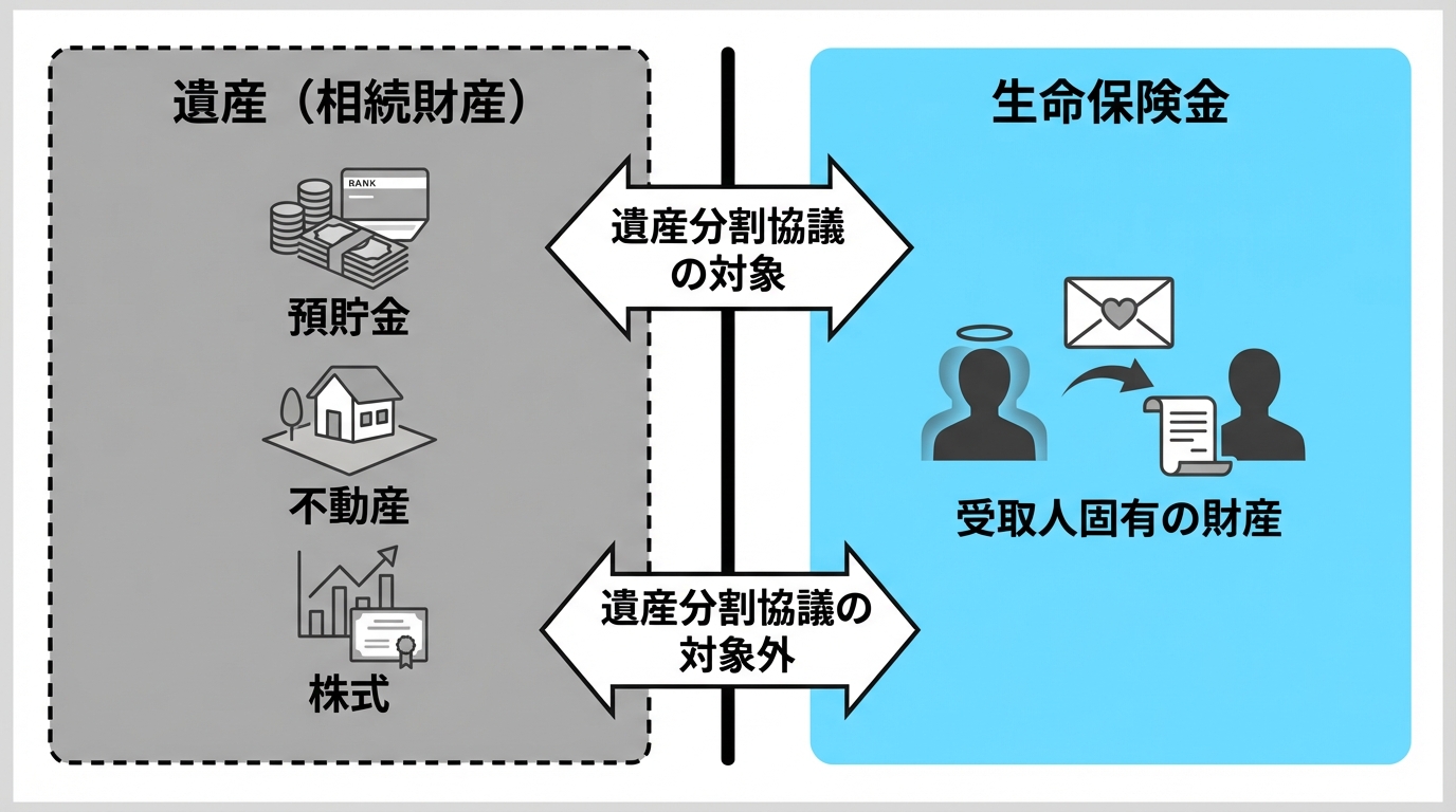 ogai_image_2 | 司法書士・行政書士 八戸いちい事務所 生命保険金と遺産の法的な違いを説明する図解。「遺産(預貯金・不動産など)」は遺産分割の対象であるのに対し、「生命保険金」は受取人固有の財産であるため対象外であることが示されている。