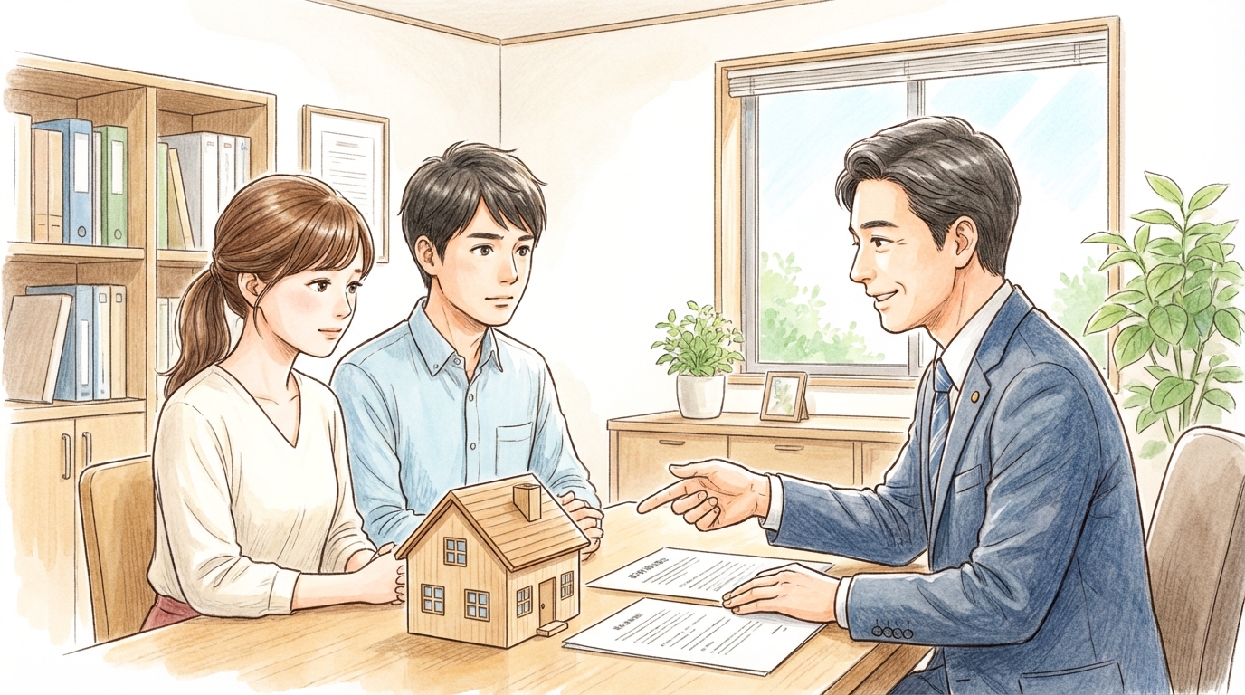 司法書士が若い夫婦に不動産の生前贈与についてアドバイスしているイラスト。専門家に相談することで、税金の不安が解消される様子を表現。