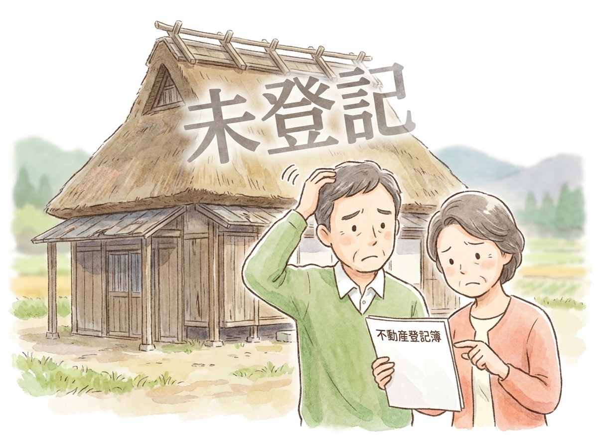 未登記家屋を前にして、相続手続きに悩む夫婦のイラスト。固定資産税や登記の必要性について考えている様子。