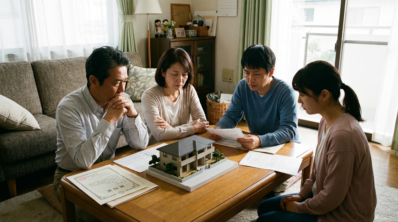 リビングで不動産の相続について真剣に話し合う家族。生前贈与が相続トラブルに発展する可能性を示唆している。