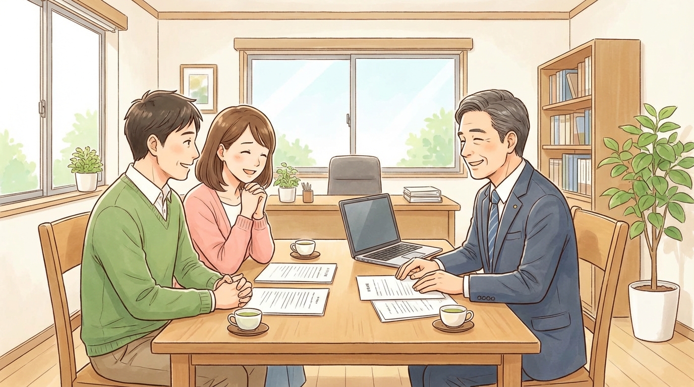 司法書士事務所で、専門家である司法書士に相談している夫婦の安心した様子のイラスト。