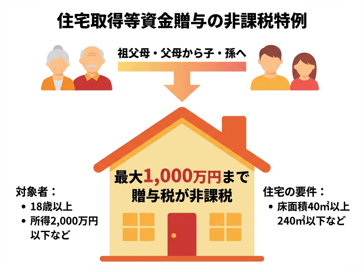 住宅取得等資金贈与の非課税特例の概要を説明する図解。祖父母や親から子や孫への資金贈与で最大1000万円まで非課税になる仕組みが示されている。