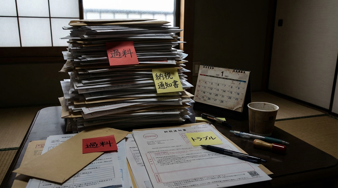 相続の届出を放置した場合のリスクを象徴する画像。カレンダー、書類の山、そして「過料」「トラブル」と書かれた付箋が手続きの重要性を示している。