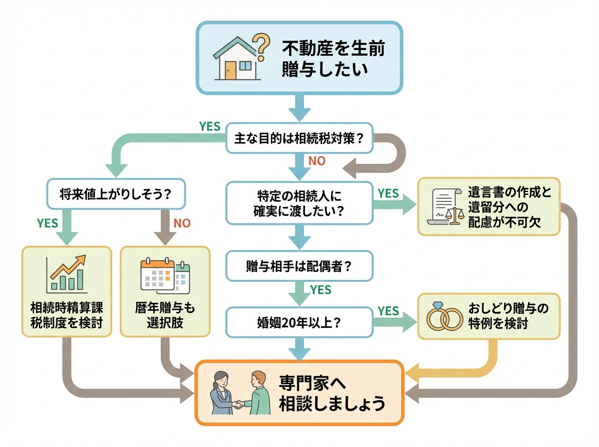 不動産の生前贈与を検討する際の判断基準を示すフローチャート。目的や状況に応じて最適な選択肢を考え、最終的に専門家への相談を促している。