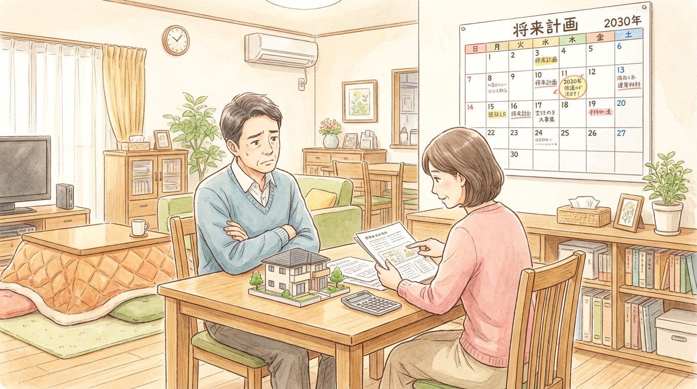 将来の相続や生前贈与について、自宅で相談している夫婦のイラスト。