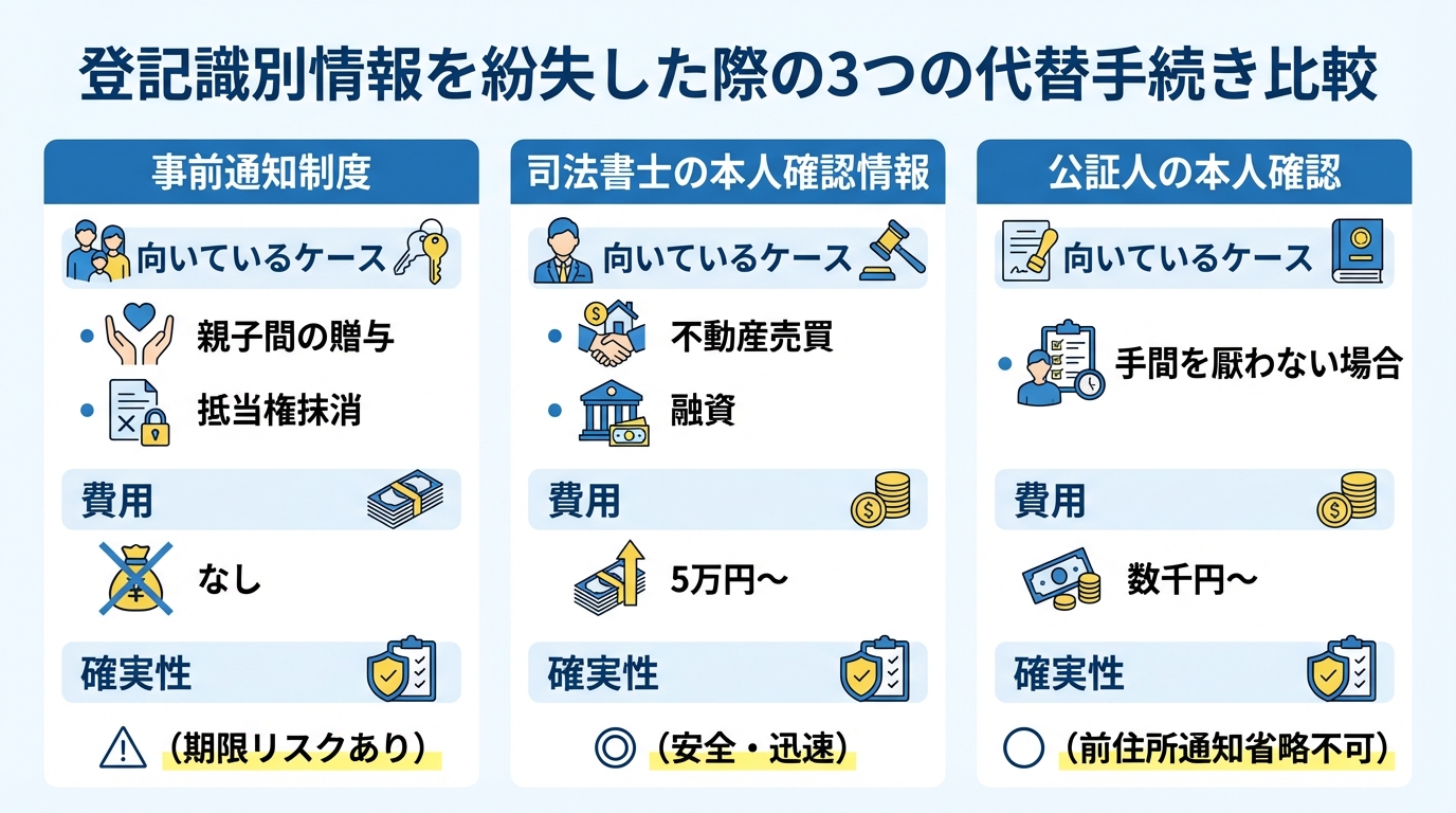 登記識別情報紛失時の3つの代替手続き（事前通知、司法書士の本人確認情報、公証人の本人確認）をケース・費用・確実性の観点から比較した図解。