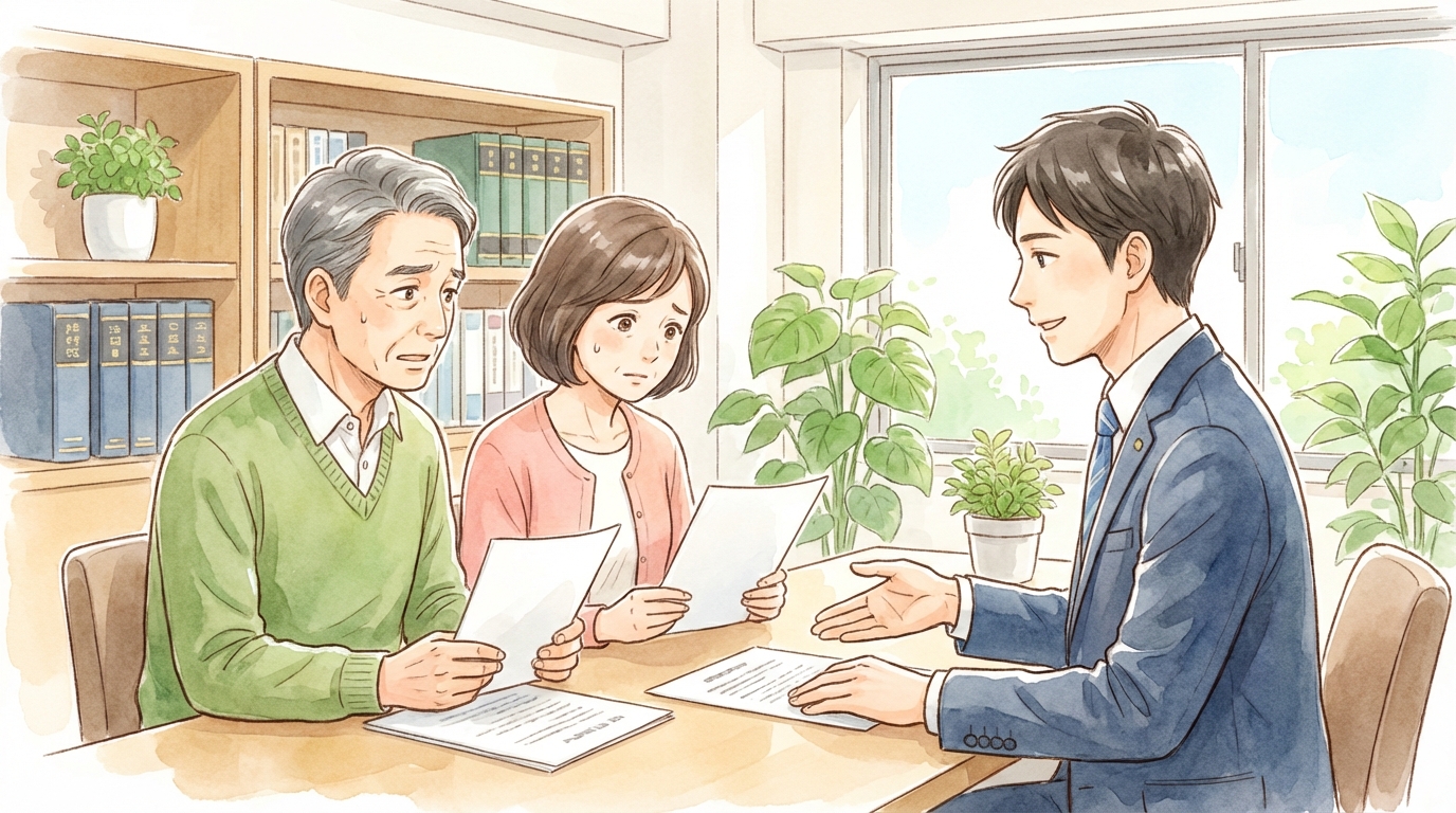 司法書士事務所で生前対策の相談をする夫婦。専門家から説明を受け、将来の不安について考えている様子。