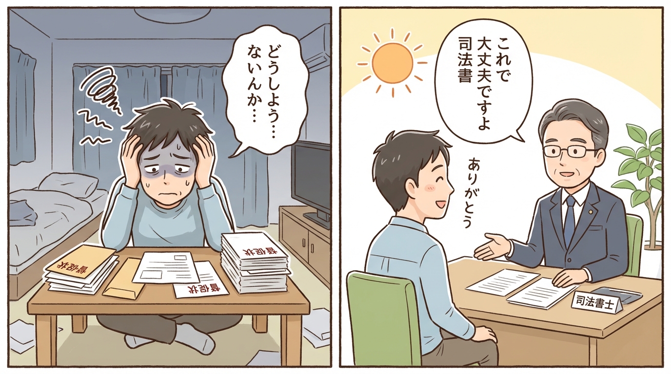 債務整理の相談をして悩みが解決し、安心した表情の男性のイラスト。