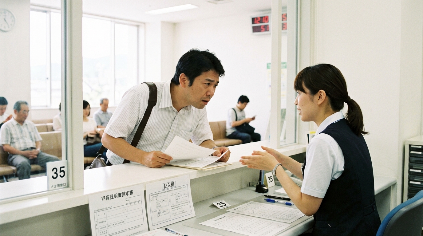 市役所の窓口で戸籍の広域交付制度を利用して手続きをしている男性。職員から説明を受けている。