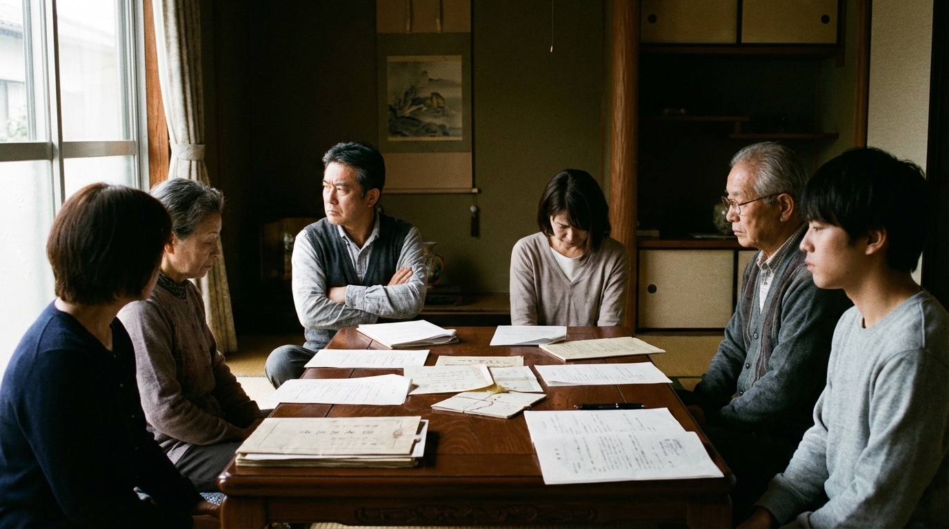 ogai_image_2 | 司法書士・行政書士 八戸いちい事務所 遺産分割協議が難航し、険悪な雰囲気になっている家族。テーブルを囲むも、誰もが口を閉ざし、話し合いが進まない状況を表している。