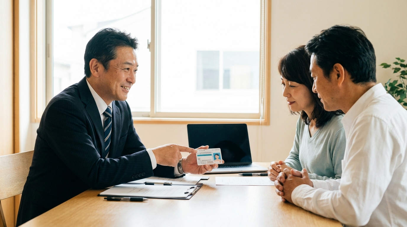 司法書士が依頼者と面談し、本人確認情報作成のために運転免許証を確認している様子。