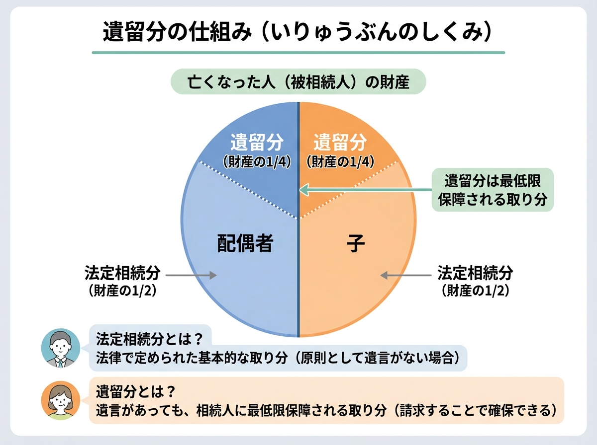 遺留分の割合を示す円グラフ。相続人が配偶者と子の場合、それぞれの遺留分は財産全体の4分の1であることが図解されている。
