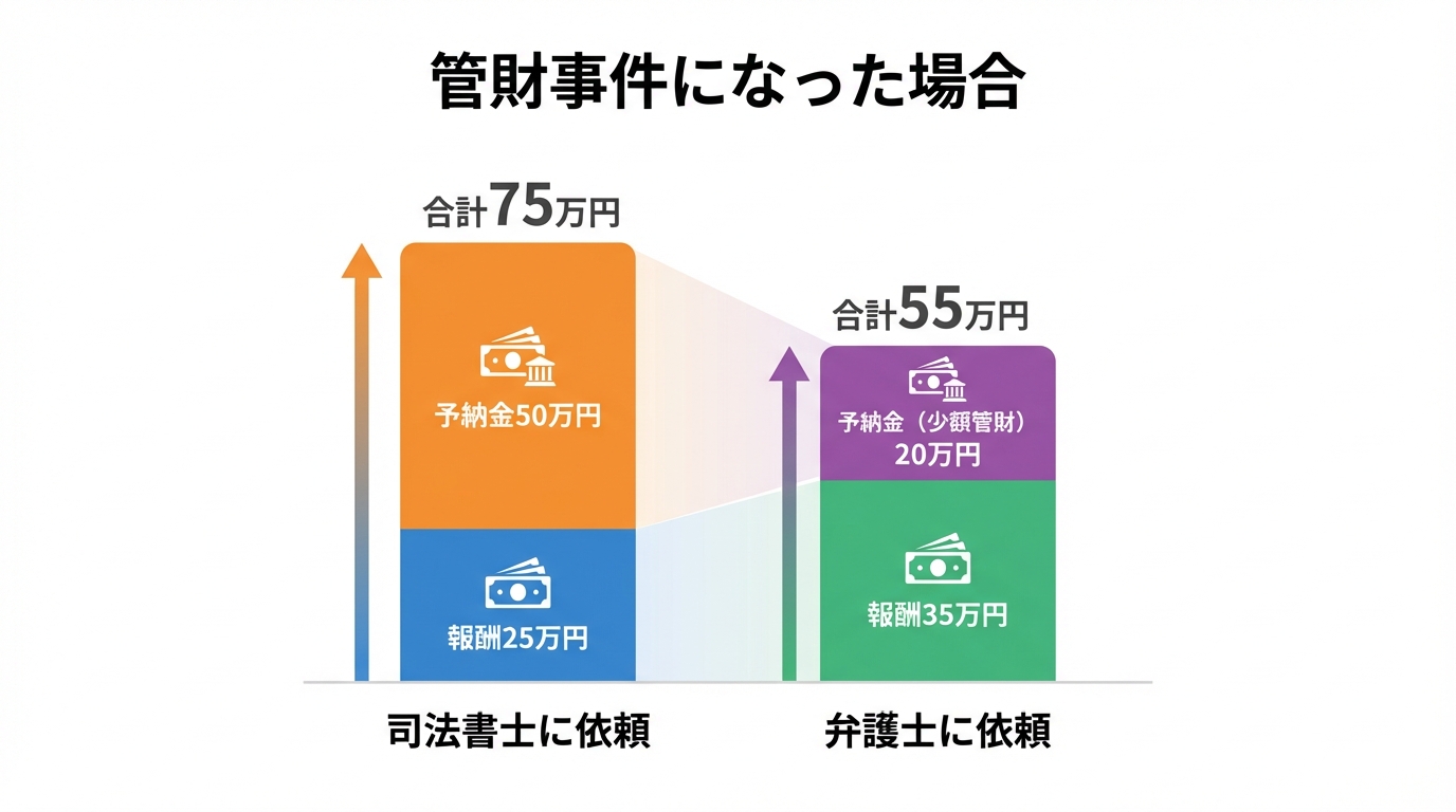 自己破産の管財事件における費用総額の比較。弁護士に依頼すると少額管財制度が利用でき、予納金が安くなるため、総額では司法書士より安くなるケースがある。