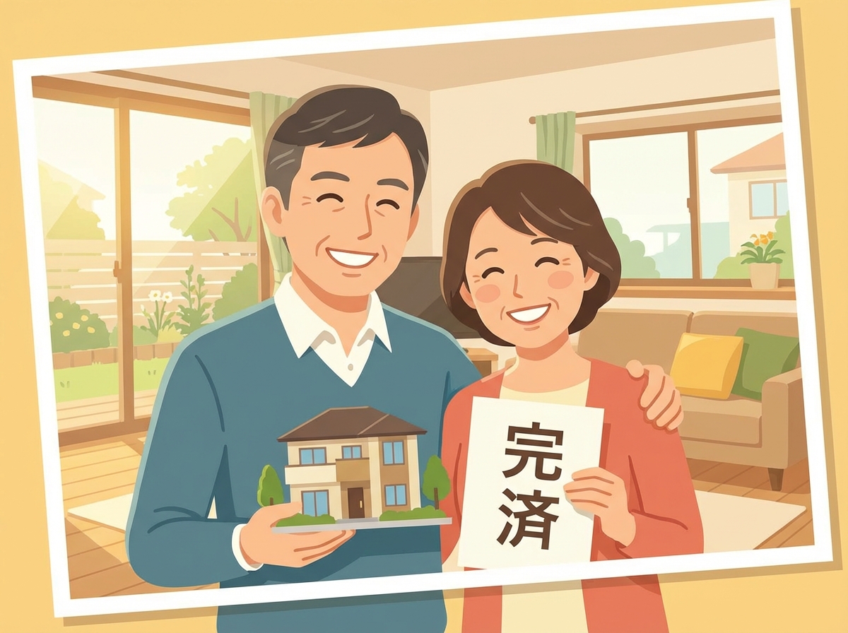 住宅ローンを完済し、抵当権抹消登記を考えて喜んでいる夫婦のイラスト。