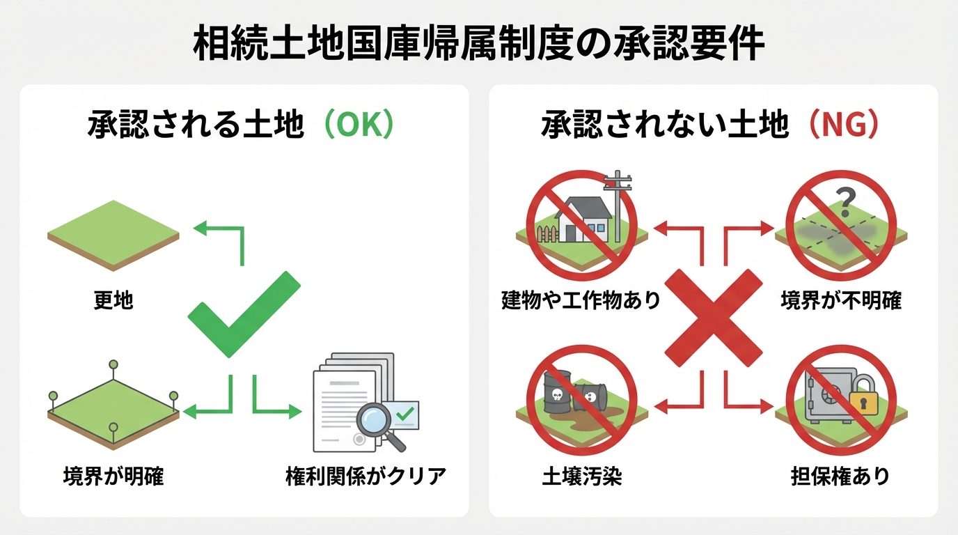 相続土地国庫帰属制度で承認される土地と承認されない土地の要件を比較した図解。承認されるのは更地で境界が明確な土地、承認されないのは建物がある土地や境界不明な土地など。