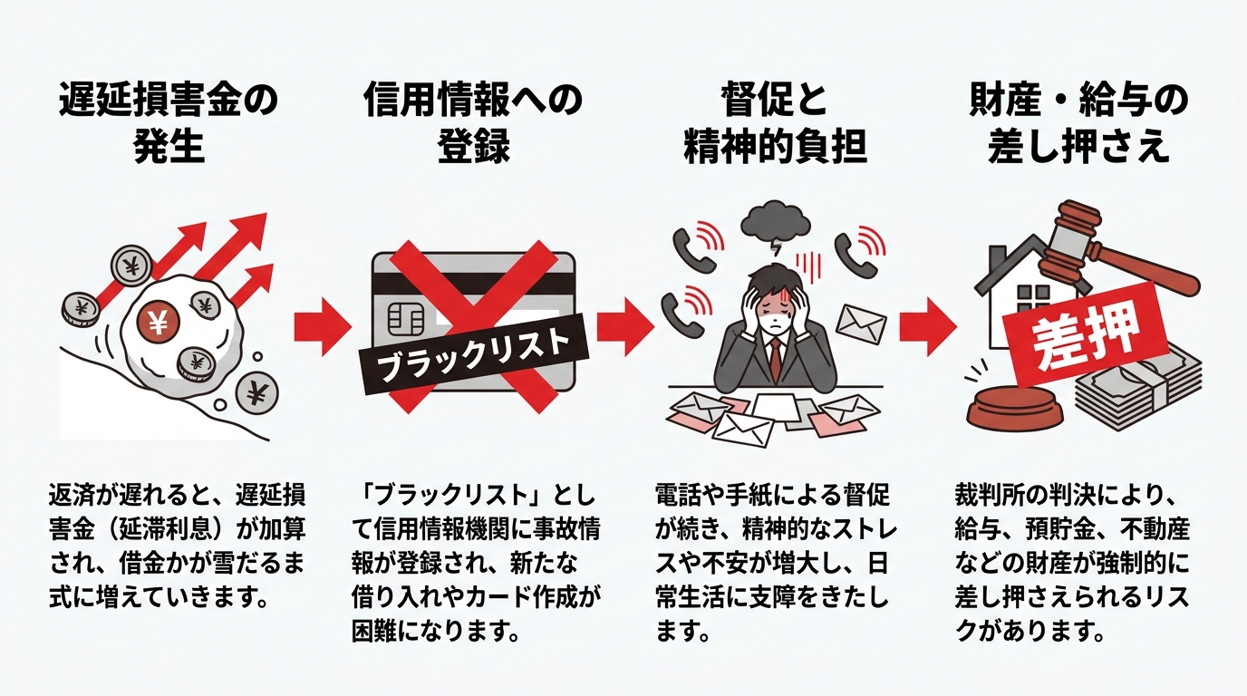 ogai_image_1 | 司法書士・行政書士 八戸いちい事務所 借金問題を放置した場合の4つのリスクを示す図解。遅延損害金の発生から始まり、信用情報への登録、督促、最終的な財産の差し押さえへと至る流れをイラストで解説しています。