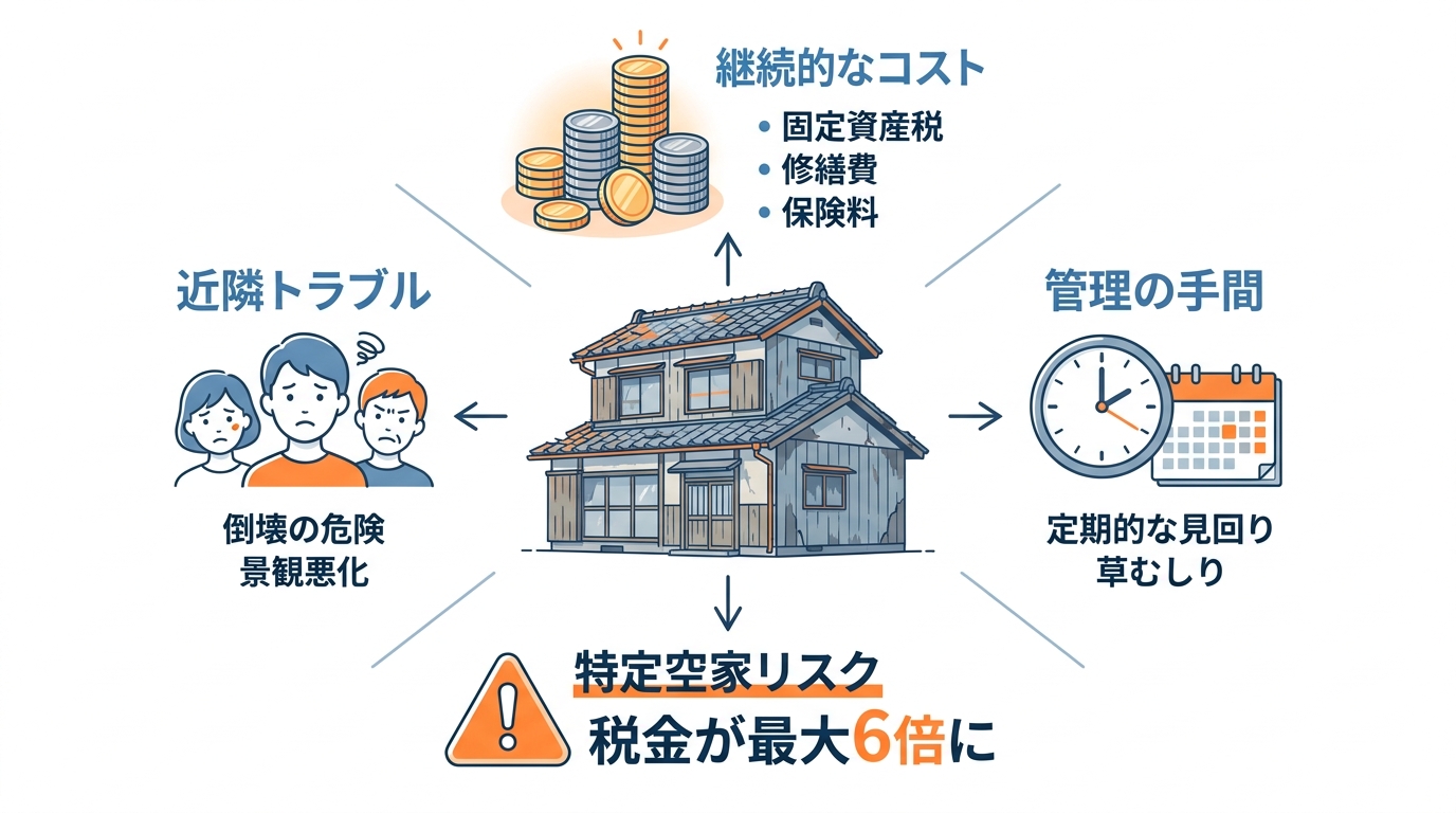 ogai_image_1 | 司法書士・行政書士 八戸いちい事務所 相続した不動産を維持する場合の4つのデメリット(継続的なコスト、管理の手間、特定空家リスク、近隣トラブル)をアイコンと共に示した図解。