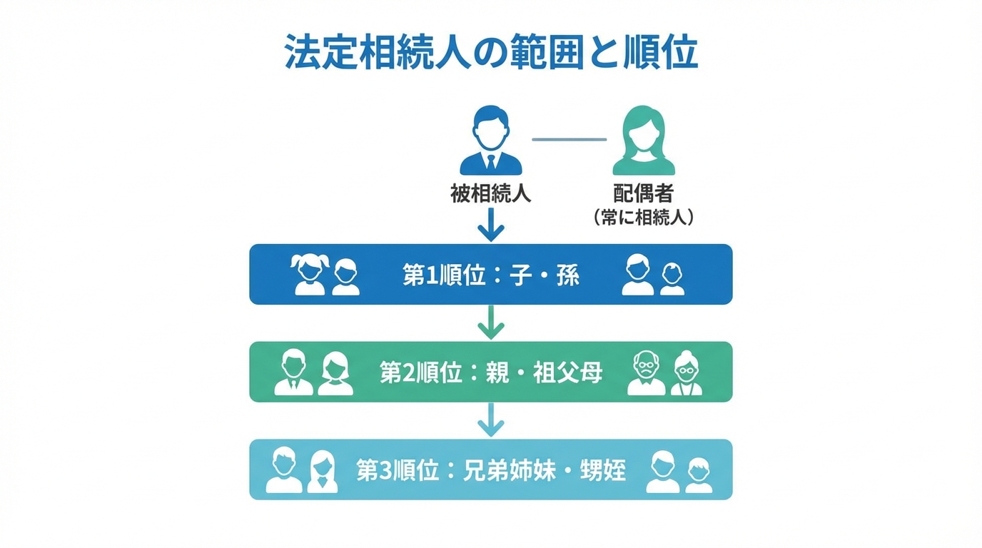 法定相続人の範囲と優先順位を示した図解。配偶者は常に相続人となり、血族には第1順位の子、第2順位の親、第3順位の兄弟姉妹という優先順位があることを示している。