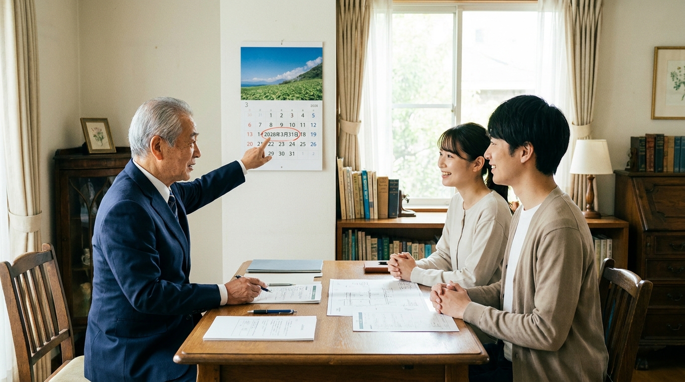 司法書士が、住所変更登記の義務化における過去の変更分の期限（2028年3月31日）について、相談に来た夫婦にカレンダーを指差しながら説明している様子。