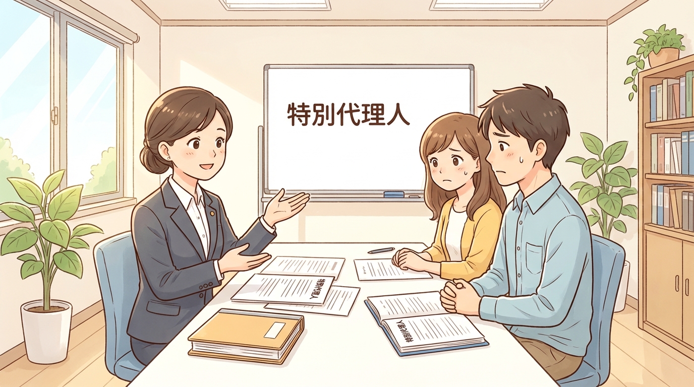 司法書士が、相続人に未成年者がいる夫婦に対し、特別代理人制度について説明しているイラスト。