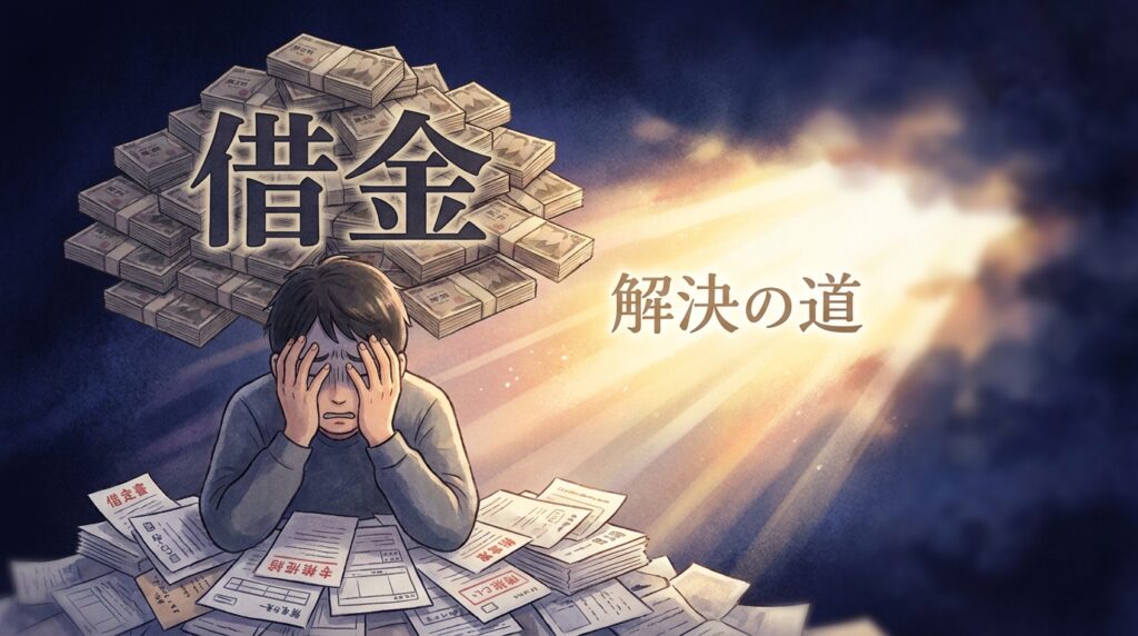 Distressed person sits at a desk buried in debt papers, stacks of money behind them, with large kanji for 'debt' and a bright light with 'Path to a solution' on the right.
