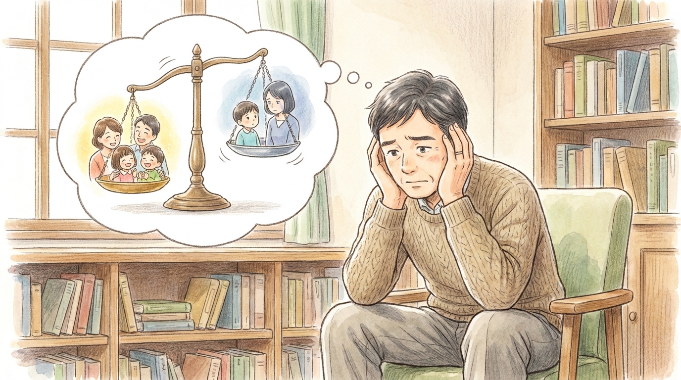 再婚後の相続について悩む男性のイラスト。現在の家族と前妻の子との間で板挟みになっている様子を表現。