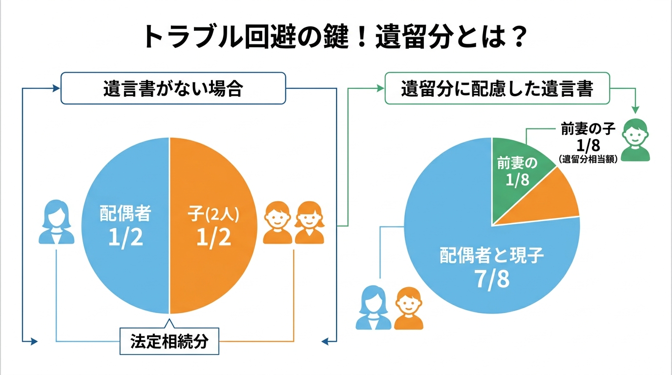 再婚家庭における遺留分の割合を示す図解。遺産全体を1とした場合、前妻の子の遺留分が1/8であることを分かりやすく解説。