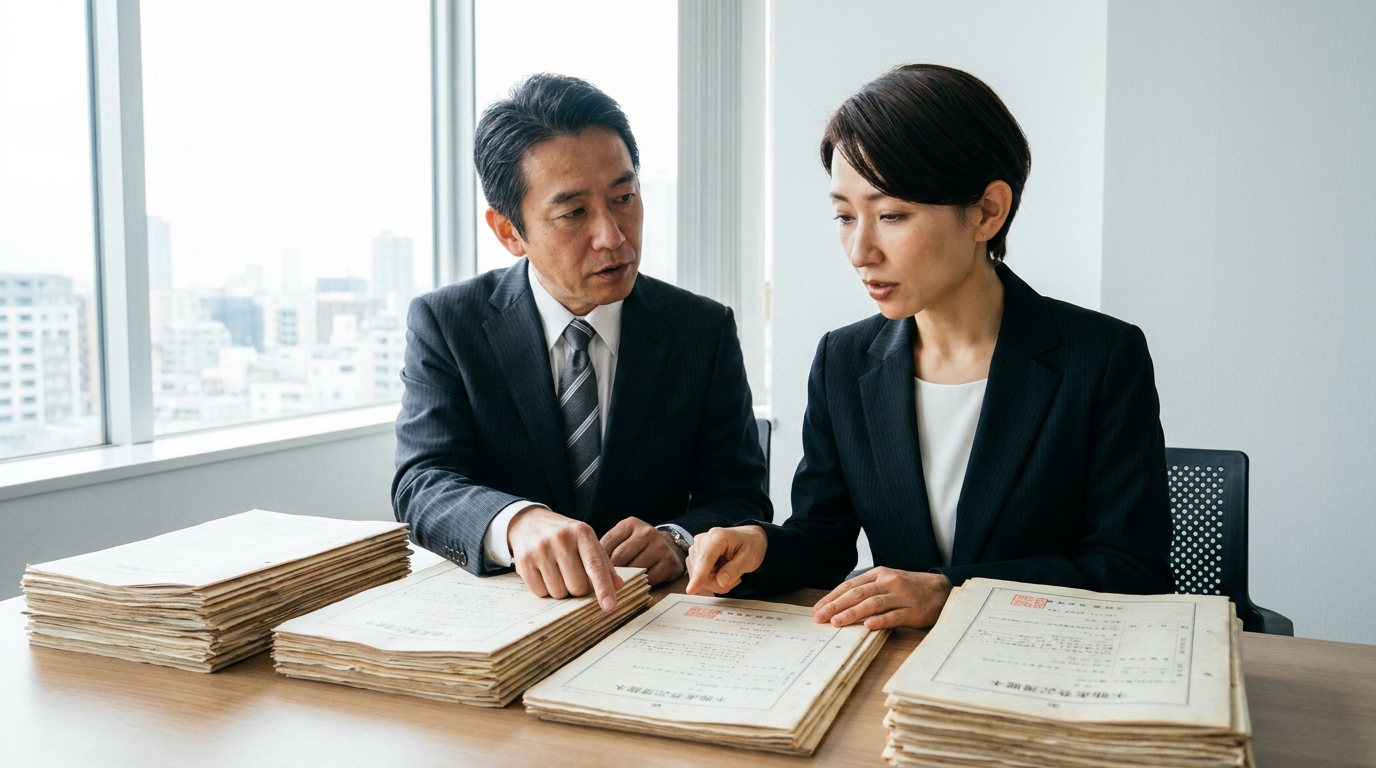 複数の不動産登記簿を確認する法人の担当者。複数不動産の一括申請について検討している様子。