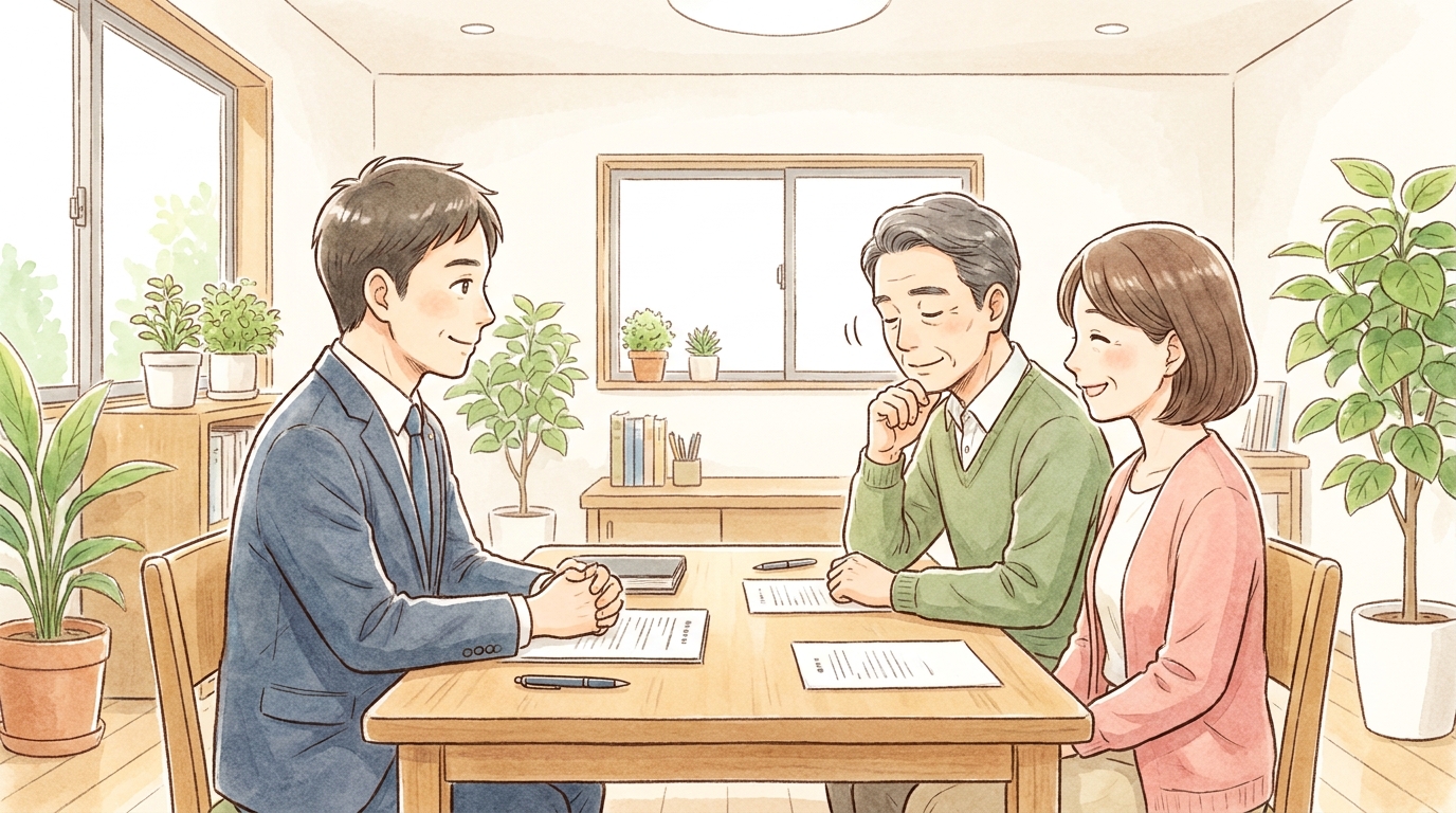 司法書士に相続の相談をし、安心している夫婦のイラスト。専門家への相談が問題解決につながることを示唆している。