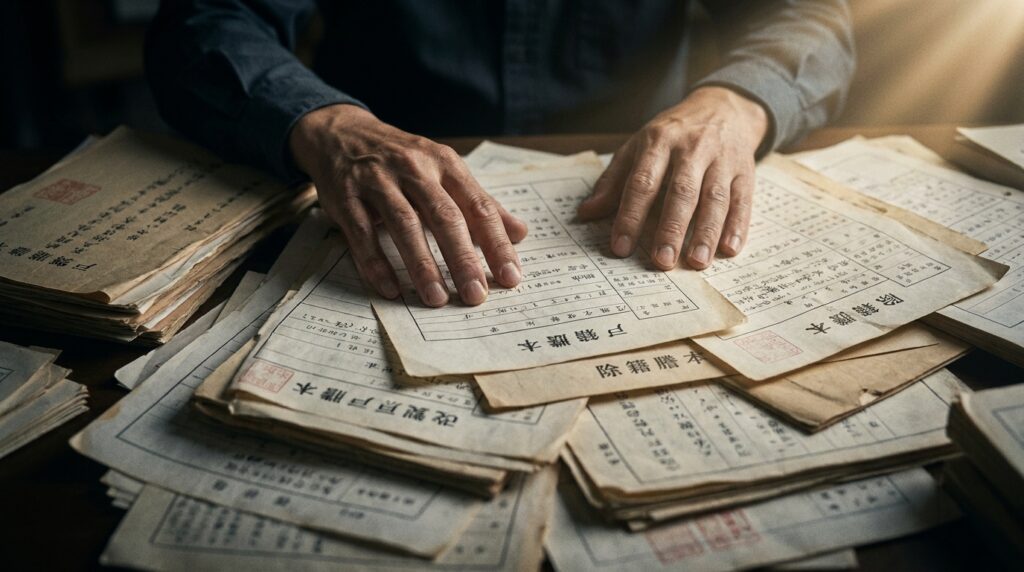 Hands of a person sorting through a stack of old paper documents with East Asian characters on a wooden table, conveying arrangement of records.