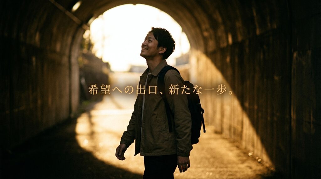 Man with a backpack in a sunlit tunnel smiles while looking up; Japanese text on the image reads '希望への出口、新たな一歩。'