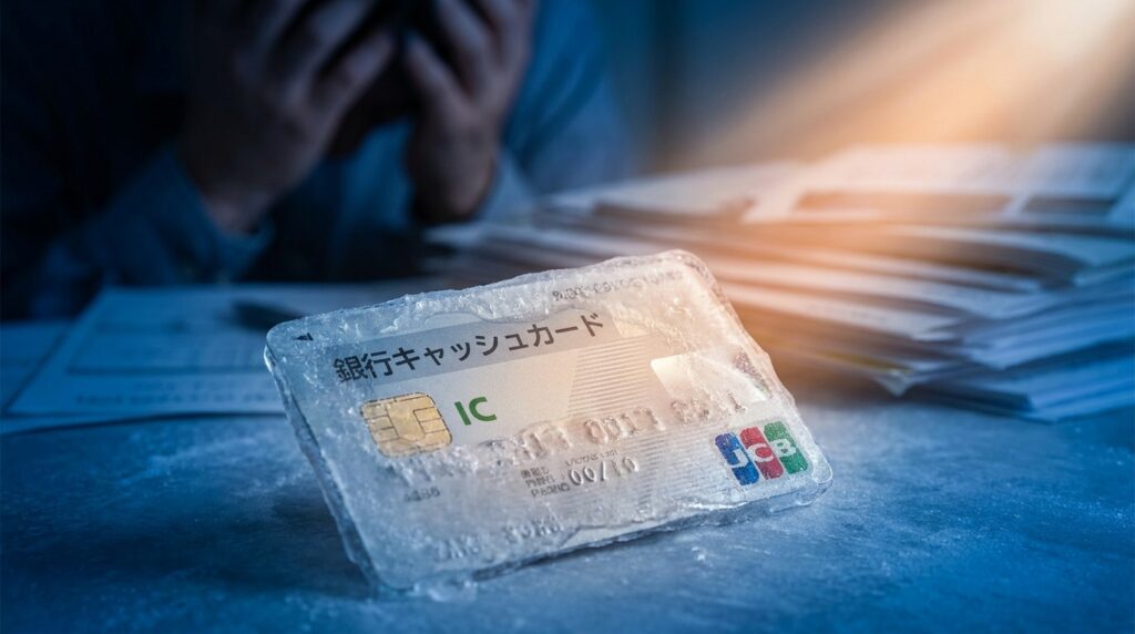 Ice-encrusted bank card on a desk with stacks of papers and a shadowed figure in the background.