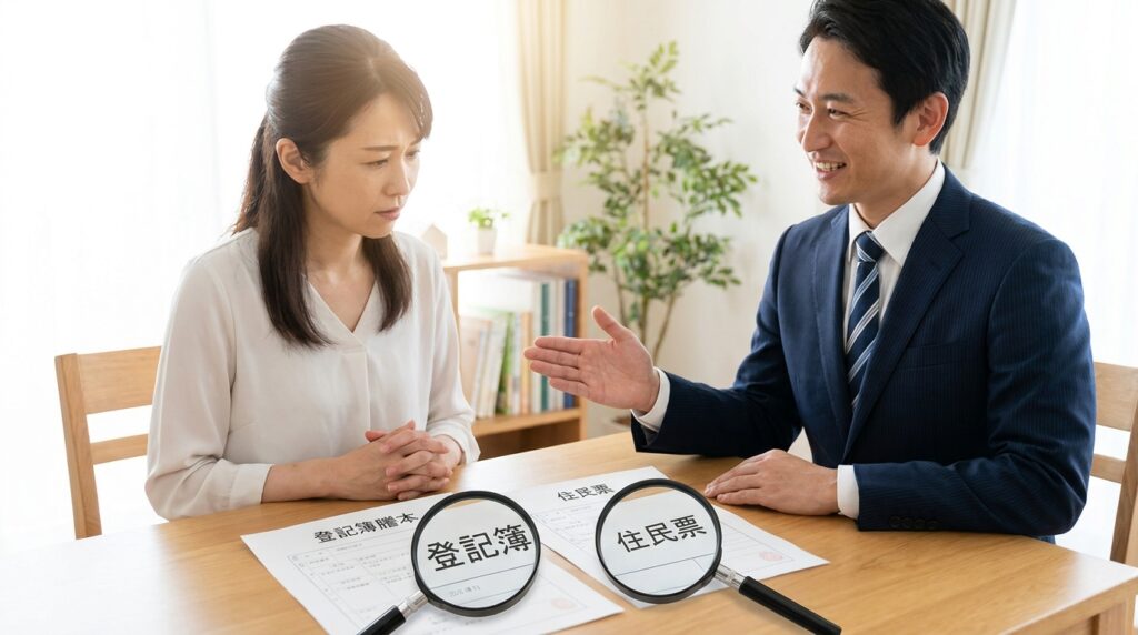 Professional man in a dark suit explains documents to a woman at a wooden table, with two magnifying glasses over Japanese forms on the table in a bright room.