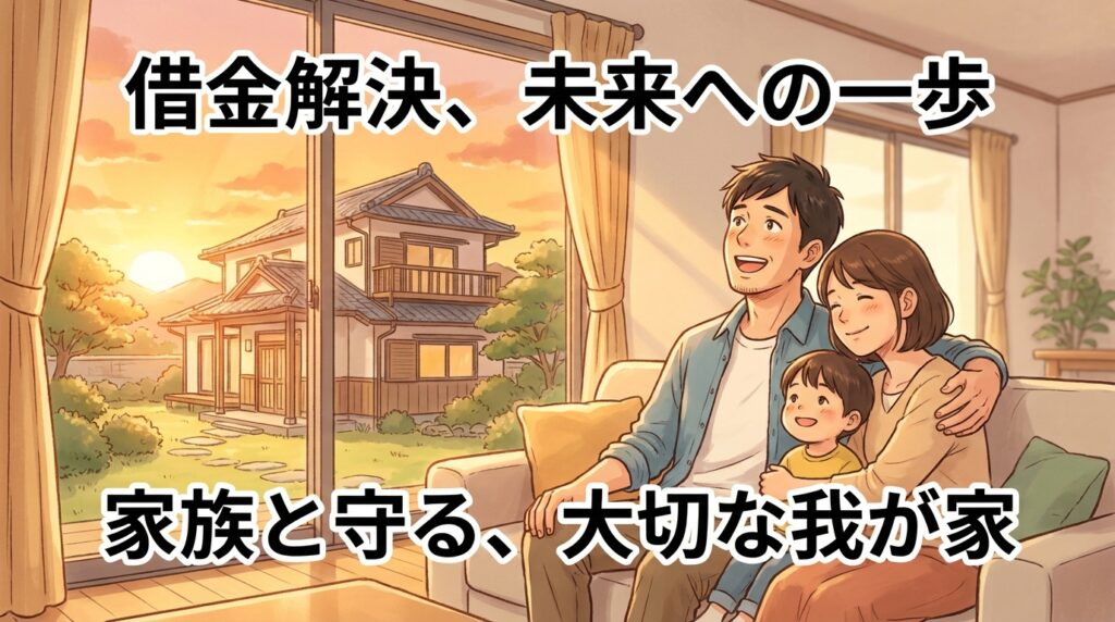 夕暮れのリビングで家族が寄り添い、外には日本家屋と庭。画面上の文字は“借金解決、未来への一歩”“家族と守る、大切な我が家”のメッセージ。